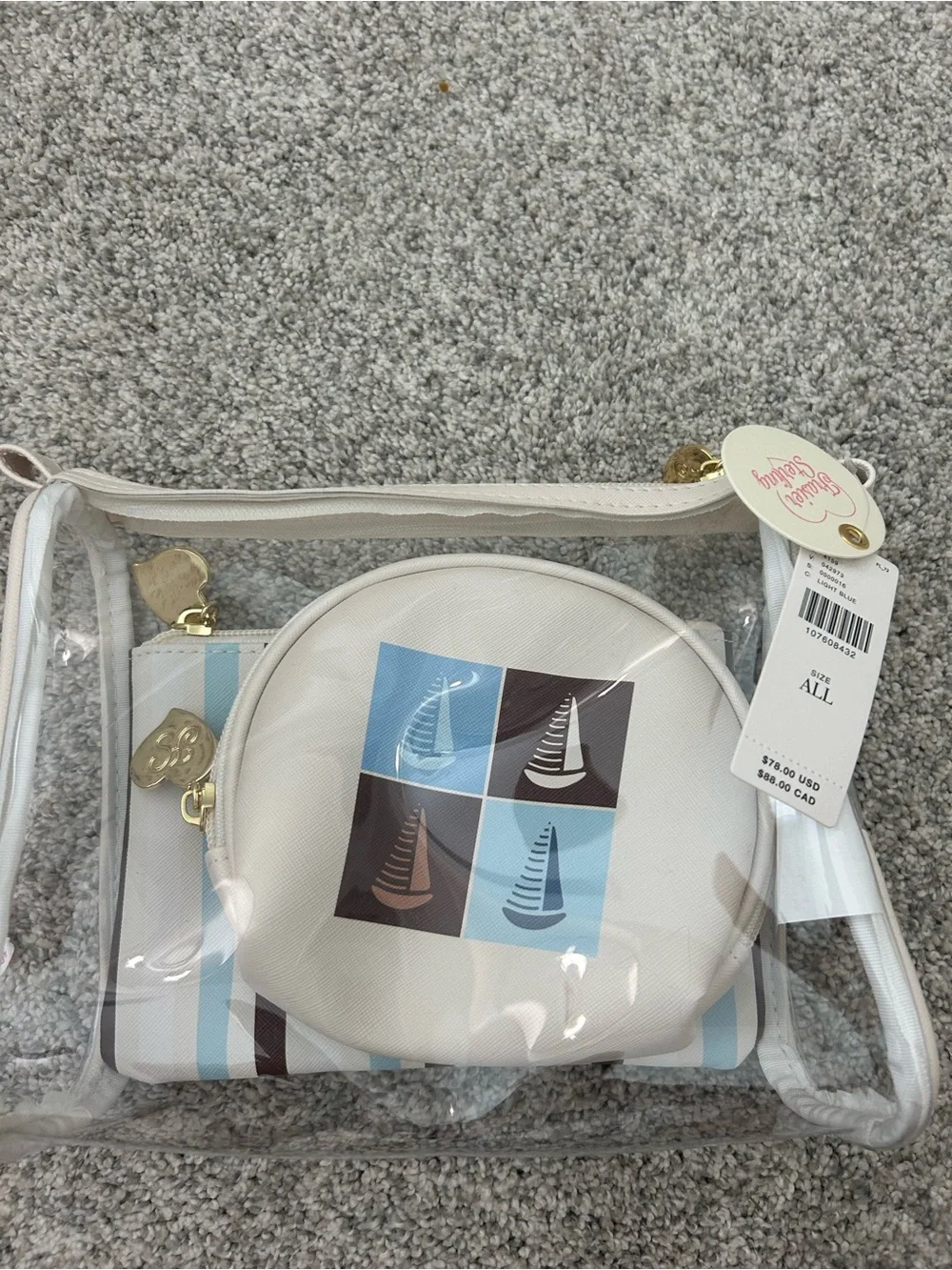 Anthropologie PVC Tote with White and Blue Accent Pouches